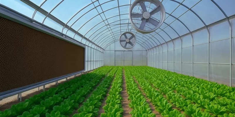 What is the difference between a fan pad cooling system and a fogging system in greenhouses?